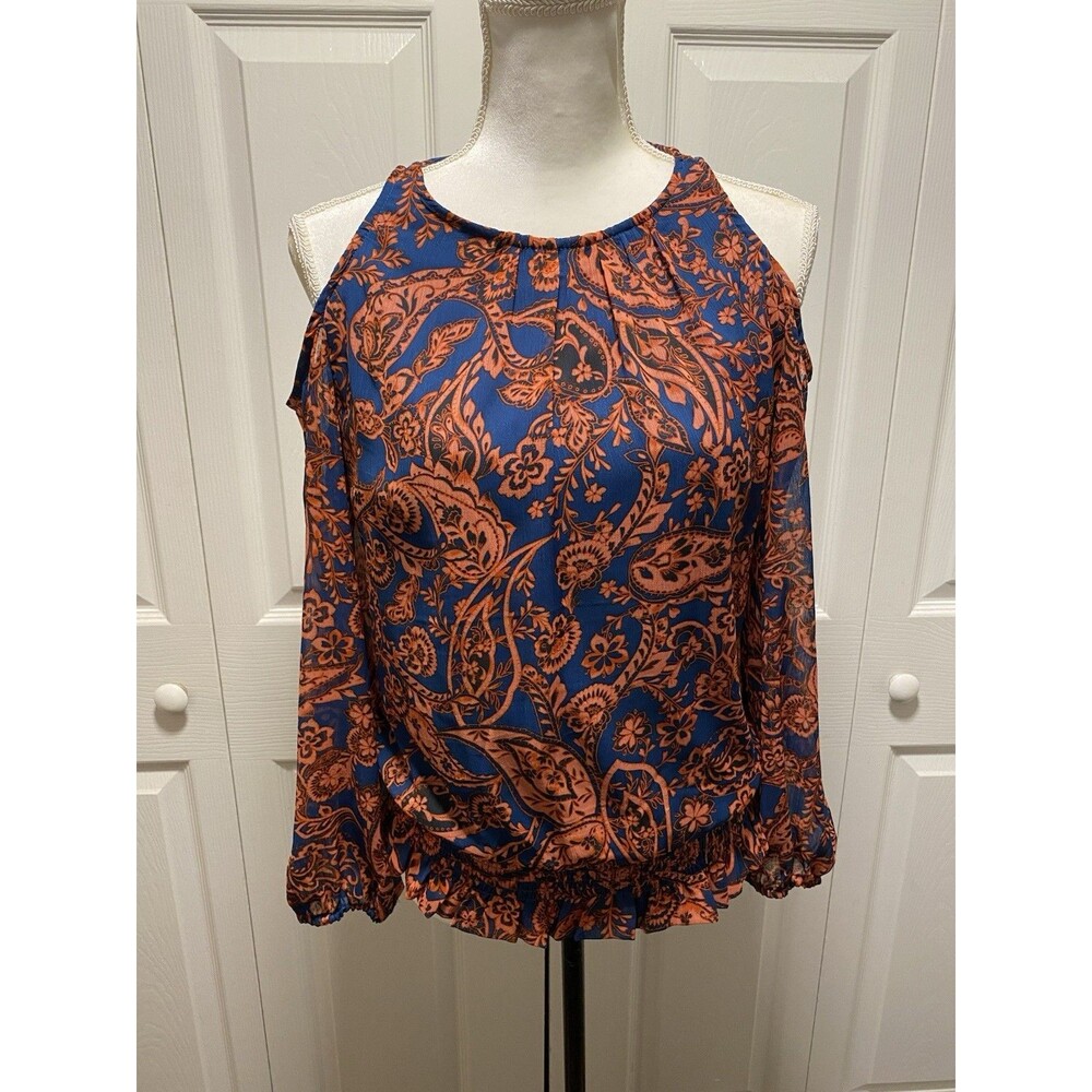 1. State Cold/Off Shoulder Rustic Ranch Paisley Cinched Waist Blouse -Size Small
